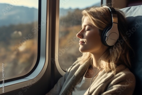 A woman travels in a train with spacious window views. AI ©  Creative_studio