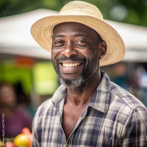 Bountiful Summer: Male Farmer's Genuine Connection at Market. Generative AI