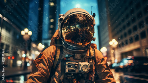 Urban Astral Nexus: Cinematic Portraits of Space Suit-Clad Astronauts in Cities, generative ai