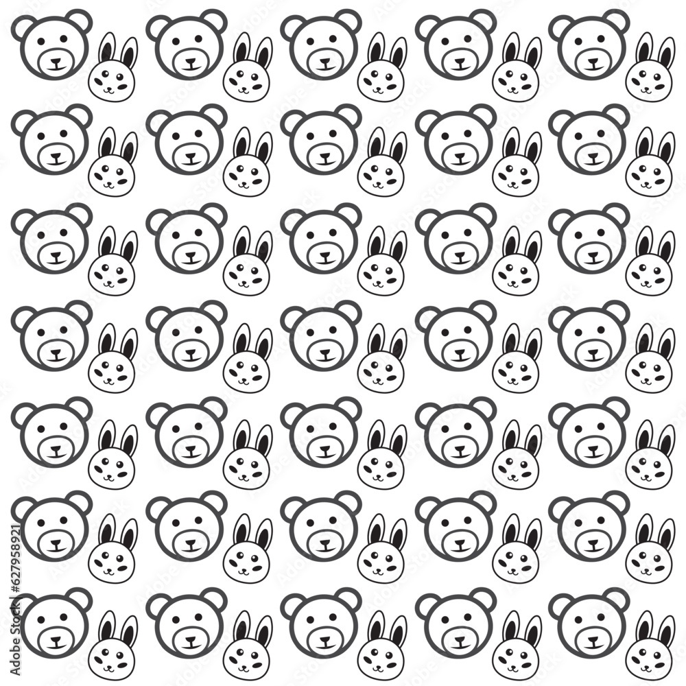 Seamless pattern with cute cartoon bear and bunny faces. Vector illustration.