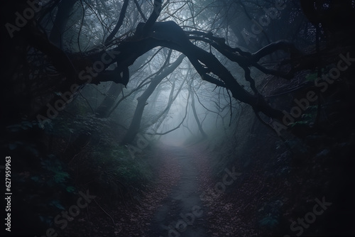 Misty forest path, with ethereal glow of ghostly apparitions, leading to an unknown and mysterious destination. Generative AI. © Mihai Zaharia