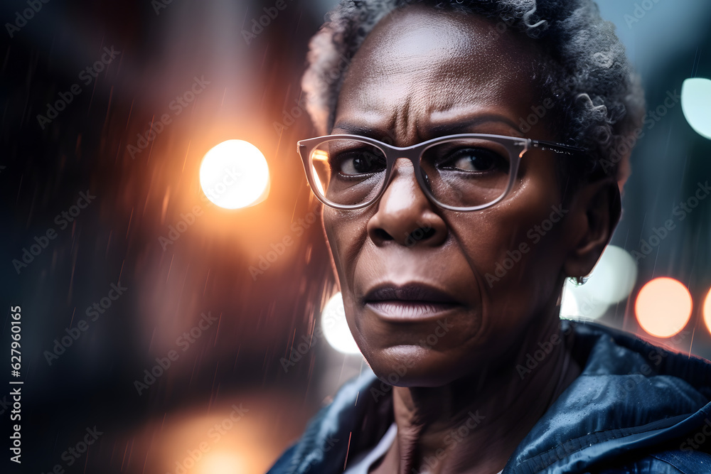 A middle-aged African American woman walking with determination through a rain-soaked street, her face illuminated by a streak of lightning, intense and focused. Generative AI A middle-aged African American woman walking with determination through a rain-soaked street, her face illuminated by a streak of lightning, intense and focused. Generative AI
