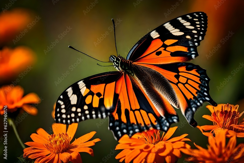 Fototapeta premium A closeup shot of a beautiful butterfly with interesting textures on an orange-petaled flower. The butterfly's wings exhibit a breathtaking pattern, resembling delicate generative ai technology 