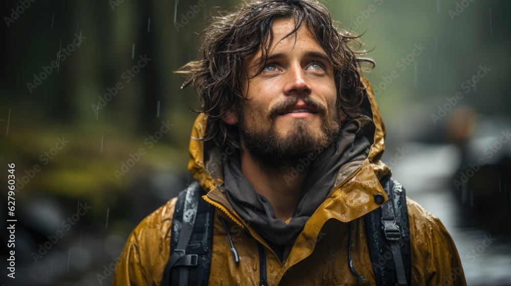 Generative AI - Embracing Rain: Hiker Takes a Deep Breath Amidst Nature's Refreshing Shower