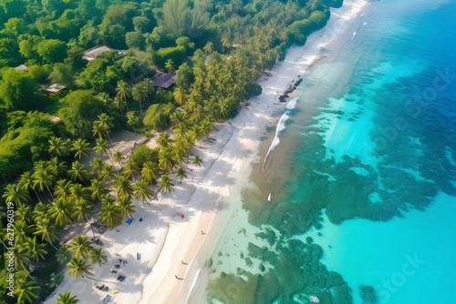 Aerial view of a tropical paradise, with white sandy beaches, lush palm trees, and crystal-clear turquoise waters, inspiring dreams of idyllic summer vacations. Generative AI