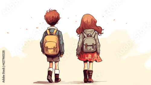 AI generated. Vector illustration. School boy and girl with satchel walking next to each other. White background. Backview. Back to school theme. Cute.