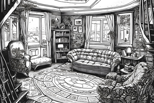 Beautiful hand drawn inking illustration of a living room. Generative AI