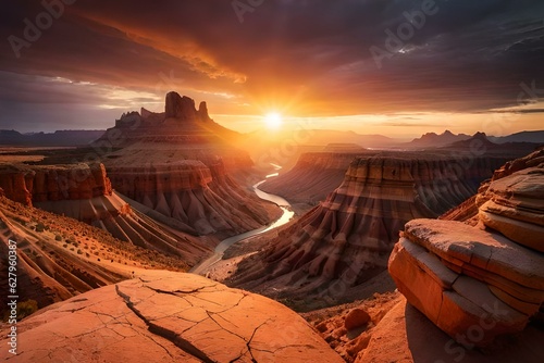 In a vast and secluded desert valley, rocky formations emerge like ancient sentinels guarding the secrets of the earth. AI generated