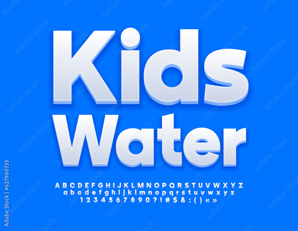Vector bright Emblem Kids Water. White 3D Font. Modern Alphabet Letters and Numbers set