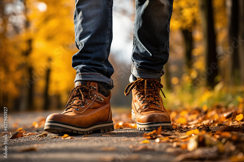 Man walking along a road in a park with golden fall leaves all around him. Generative AI.