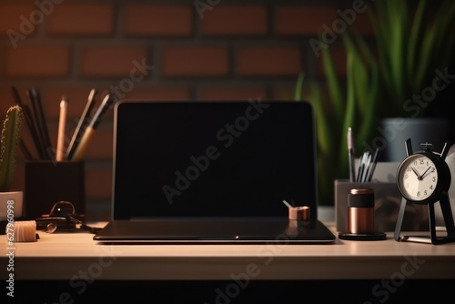 Front view Office desk with office tools, computer laptop on wood table background with copy space. Generative AI