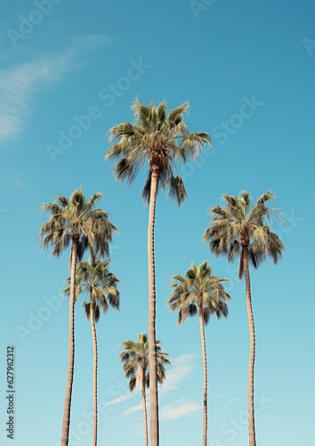 Minimalistic image of majestic Palm Trees Against the Clear Blue Sky. Generative Ai