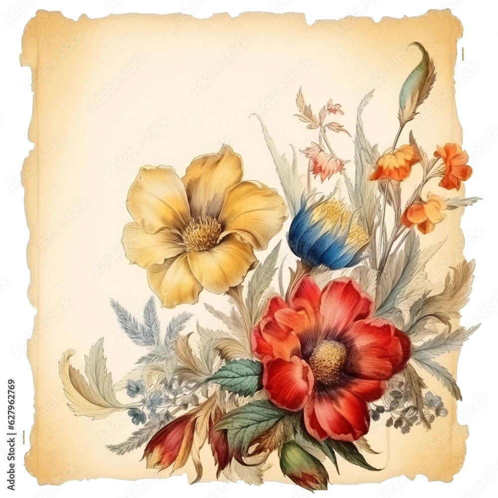 Old paper with flowers, vintage illustration