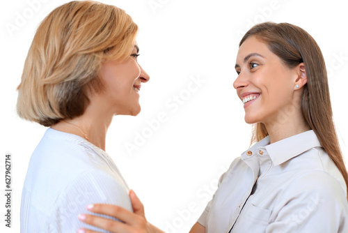 Cheerful young woman is embracing her middle aged mother on a transparent background