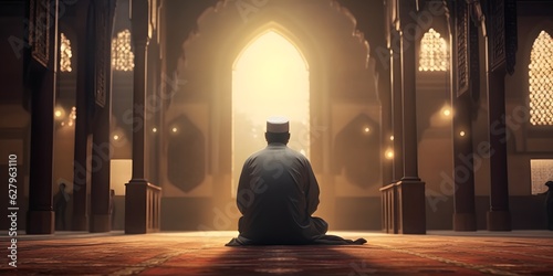 Religious muslim man praying inside the mosque. Generative Ai © Lucky Ai