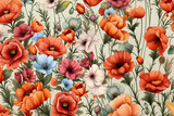 meadow of flowers, various types of colorful flowers painted with water paints