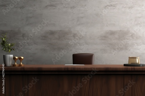 Front view Office desk with office tools, computer laptop on wood table background with copy space. Generative AI