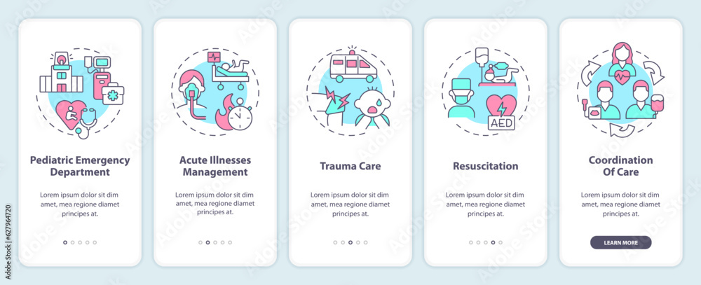 Pediatric emergency onboarding mobile app screen. Urgent care walkthrough 5 steps editable graphic instructions with linear concepts. UI, UX, GUI template. Myriad Pro-Bold, Regular fonts used
