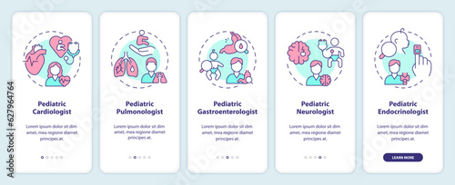 Pediatric subspecialists onboarding mobile app screen. Medical care walkthrough 5 steps editable graphic instructions with linear concepts. UI, UX, GUI template. Myriad Pro-Bold, Regular fonts used