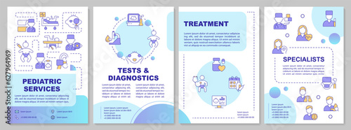 Pediatric services blue gradient brochure template. Child clinic. Leaflet design with linear icons. Editable 4 vector layouts for presentation, reports. Arial-Bold, Myriad Pro-Regular fonts used