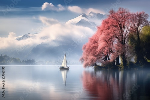 Sailing boat on the lake with mountains in the background at sunrise, a serene lake with trees and plants in spring colors, mountains in the background, a small sail boat on the lake, AI Generated photo