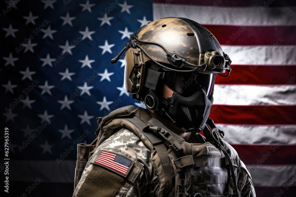 American soldier with helmet and american flag on background. Military concept. A soldier wearing a modern helmet and equipment, side view, American flag on background, AI Generated