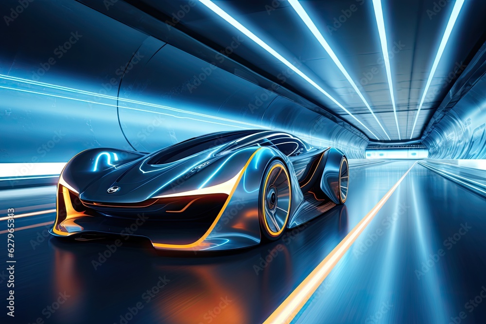Futuristic car in the tunnel. 3d rendering image. A sports car a futuristic autonomous vehicle on a trail, AI Generated