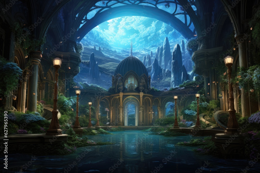 Fototapeta premium 3D CG rendering of fantasy building and lake. A thriving hidden oceanic civilization with enchanting architecture, bioluminescent plants, and mysterious inhabitants, AI Generated