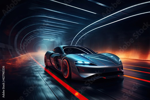 3D rendering of a sports car on a dark road with neon lights, A sports car a futuristic autonomous vehicle on a trail, AI Generated