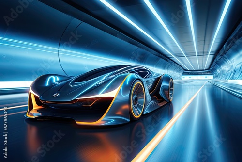 Futuristic car in the tunnel. 3d rendering image. A sports car a futuristic autonomous vehicle on a trail, AI Generated