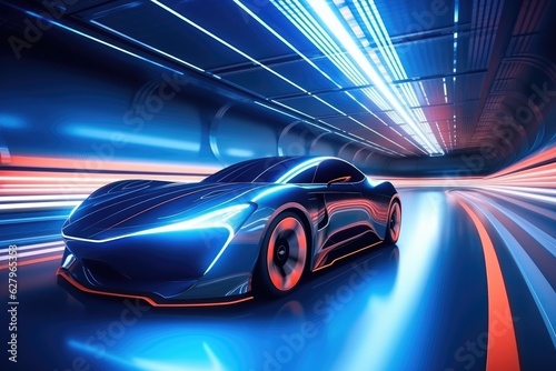 3D rendering of a sports car in a tunnel with light trails, A sports car a futuristic autonomous vehicle on a trail, AI Generated © Ifti Digital
