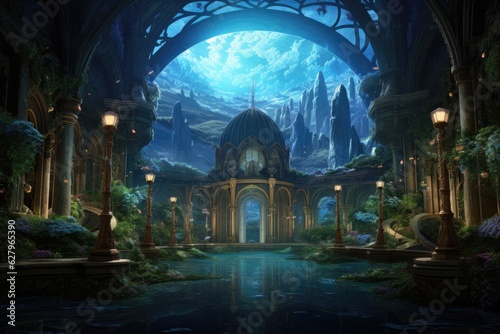 3D CG rendering of fantasy building and lake. A thriving hidden oceanic civilization with enchanting architecture, bioluminescent plants, and mysterious inhabitants, AI Generated