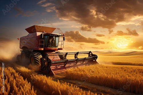 Combine harvester working on a wheat field at sunset. A tractor harvesting wheat starch in the sunset on a country field, AI Generated