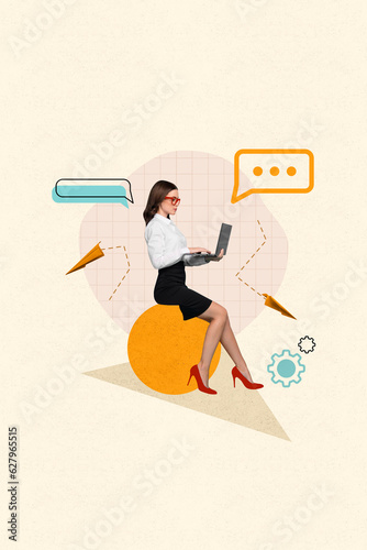 Vertical photo picture image collage business lady working remote chatting send message airplane repairing isolated on beige background