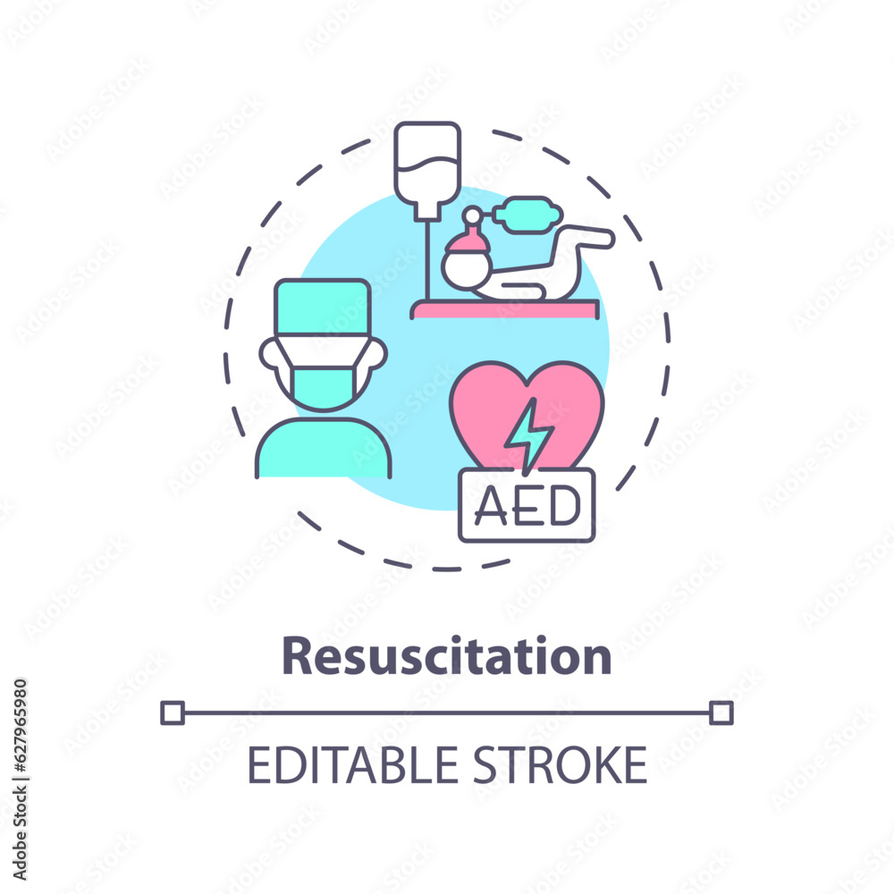 Resuscitation concept icon. Life support. Airway management. Critical illness. Aid help. Emergency health care abstract idea thin line illustration. Isolated outline drawing. Editable stroke Resuscitation concept icon. Life support. Airway management. Critical illness. Aid help. Emergency health care abstract idea thin line illustration. Isolated outline drawing. Editable stroke