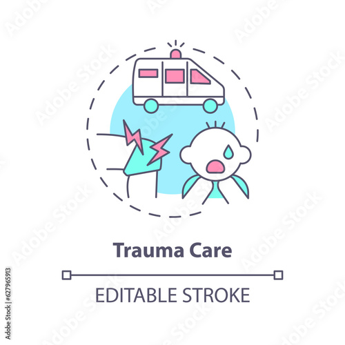 Trauma care concept icon. Urgent help. Traumatic event. Injured kid. Healthcare provider. Emergency medicine abstract idea thin line illustration. Isolated outline drawing. Editable stroke