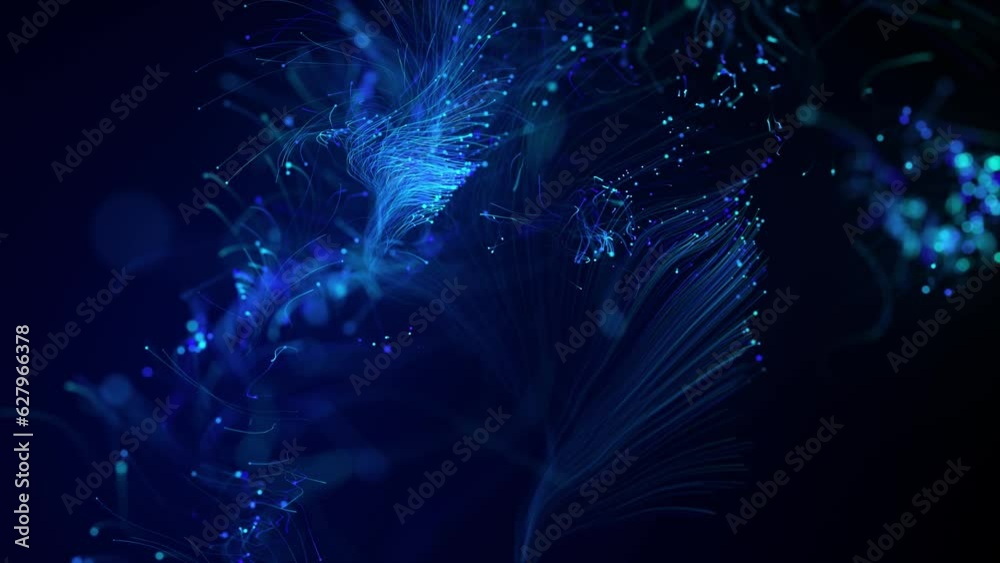 Abstract Particle Background Animation. Futuristic Optical Fibers. Electrical Signals Flowing Inside Of Complex Network