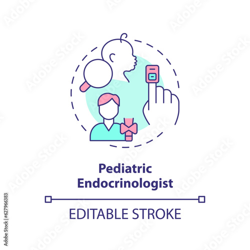 Pediatric endocrinologist concept icon. Endocrine system. Hormonal imbalance. Children doctor. Medical center abstract idea thin line illustration. Isolated outline drawing. Editable stroke