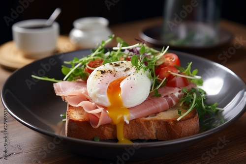 Delicious poached egg and prosciutto sandwich with arugula served on a toast