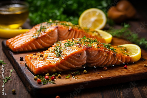 Delicious grilled salmon fillet with herbs