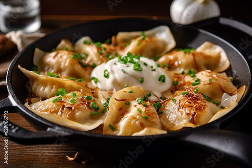 Polish fried dumplings pierogi topped with sourcream photo
