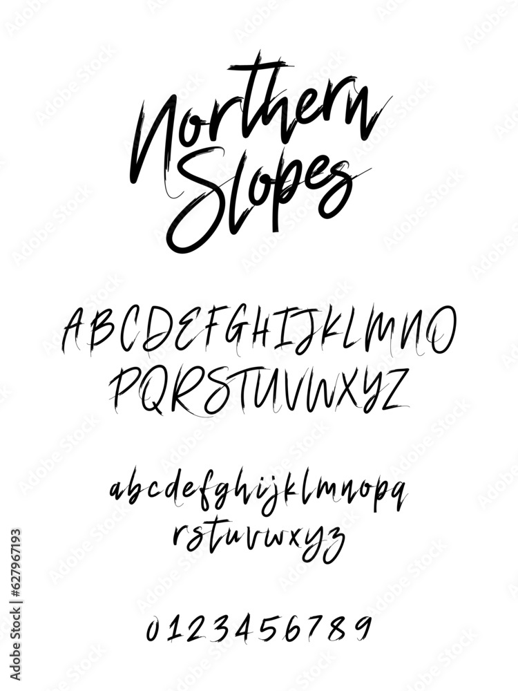 Northern Slopes is a fashionable calligraphic brush font. English alphabet and numbers drawn by hand with a brush. Lettering.