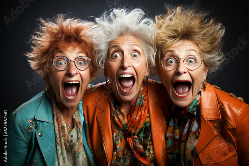 Funny portrait of three senior shocked women looking at camera keeping mouth open. Sudden incredible news reaction wow. Generative AI.