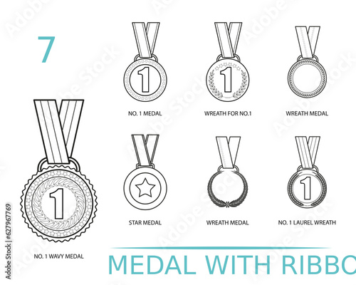 Medal for Winners editable stroke outline icons set. wreath star number 1 champion Vector illustration.