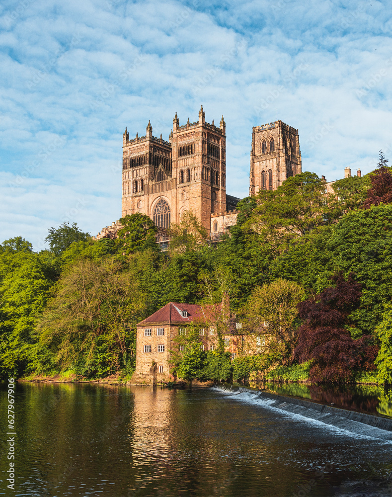 The view of the Durham Cathedral and the boathouse on the river bank of the River Wear