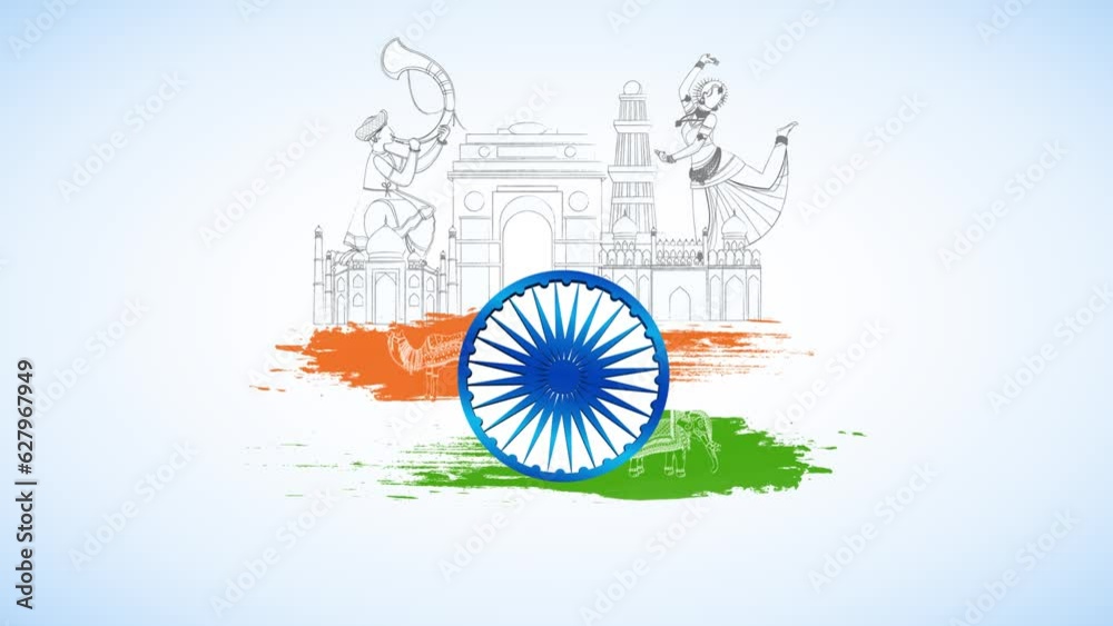 Motion graphic of Independence Day in India - 15th August  Tricolor flag  India Gate background  Delhi monuments . Creative vector illustration for 15 August  India Independence Day  Happy Independ...