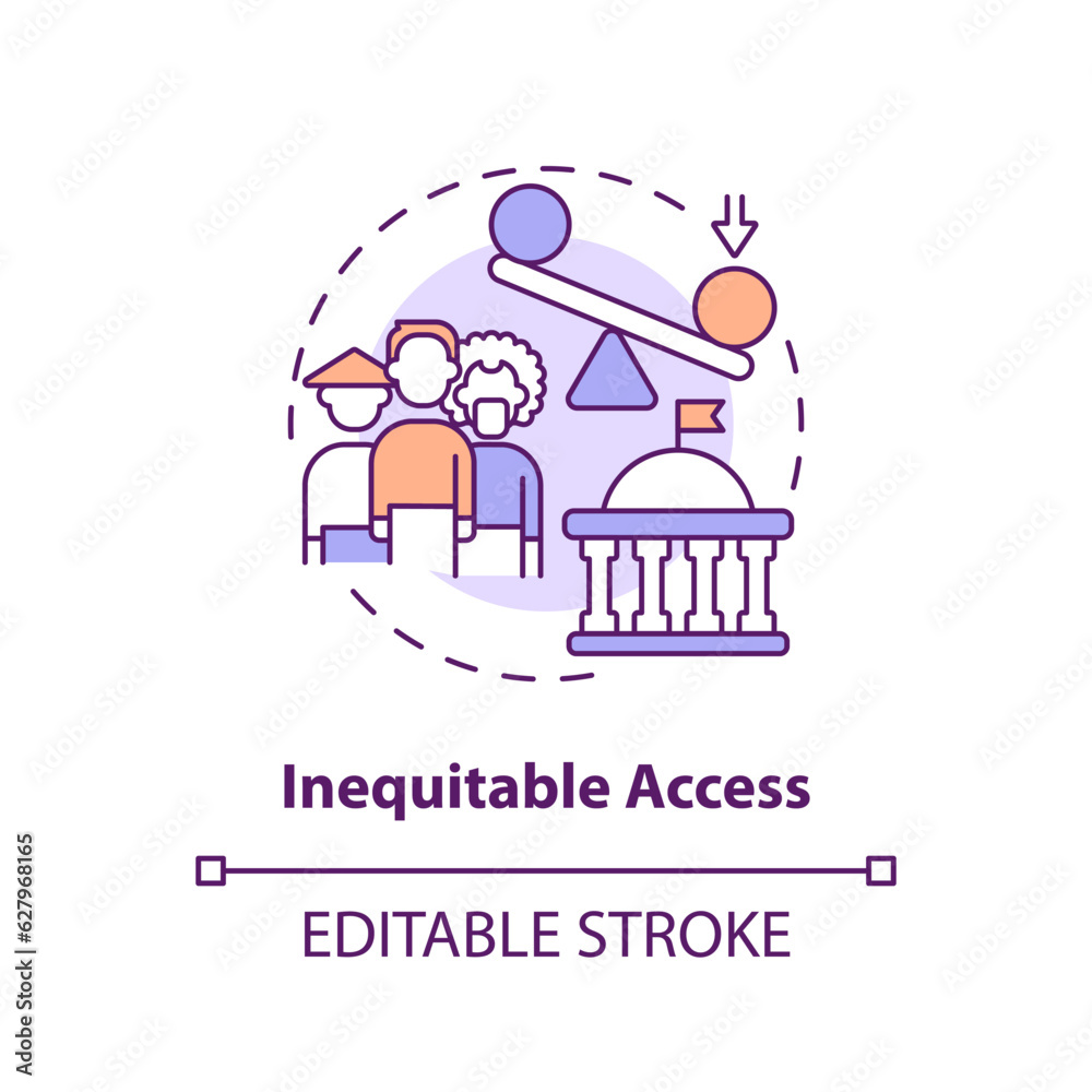 Editable inequitable access icon concept, isolated vector, lobbying government thin line illustration.