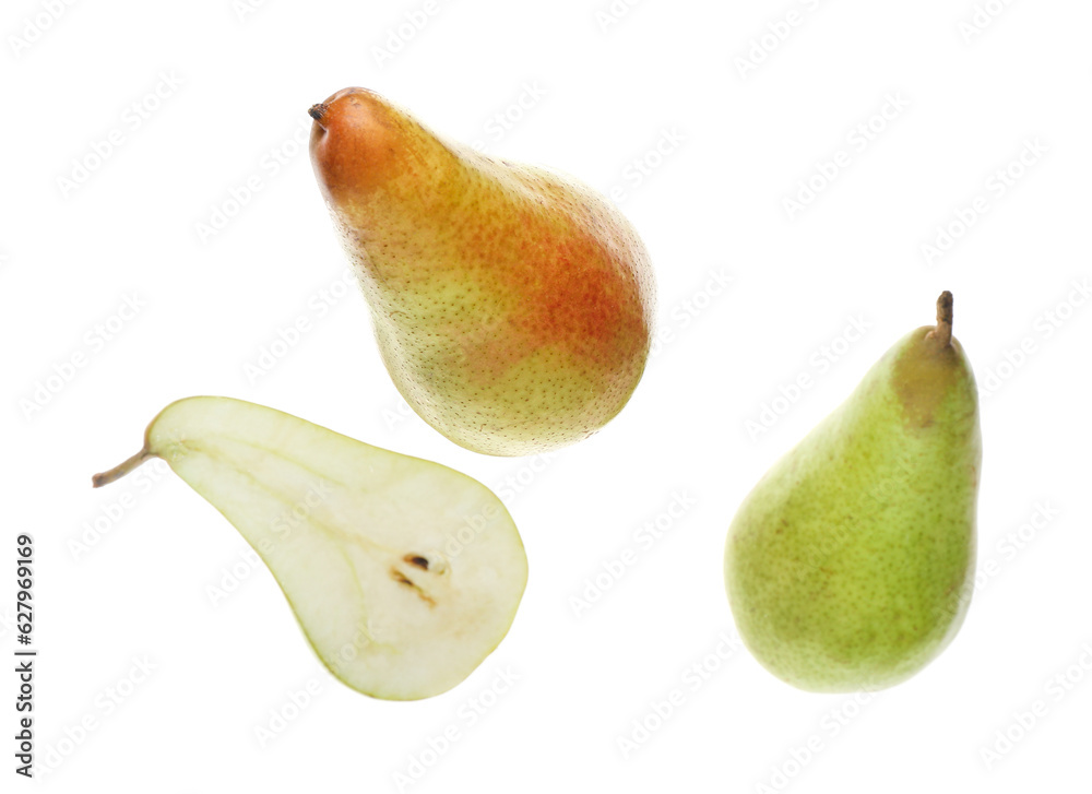 Flying ripe pears isolated on white background Flying ripe pears isolated on white background