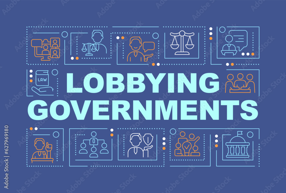 Lobbying government text with various thin line icons on dark monochromatic background, 2D vector illustration. Lobbying government text with various thin line icons on dark monochromatic background, 2D vector illustration.
