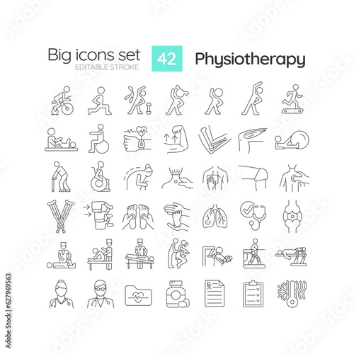 Physiotherapy linear icons set. Physical therapy. Rehabilitation center. Back pain. Sport injury. Customizable thin line symbols. Isolated vector outline illustrations. Editable stroke